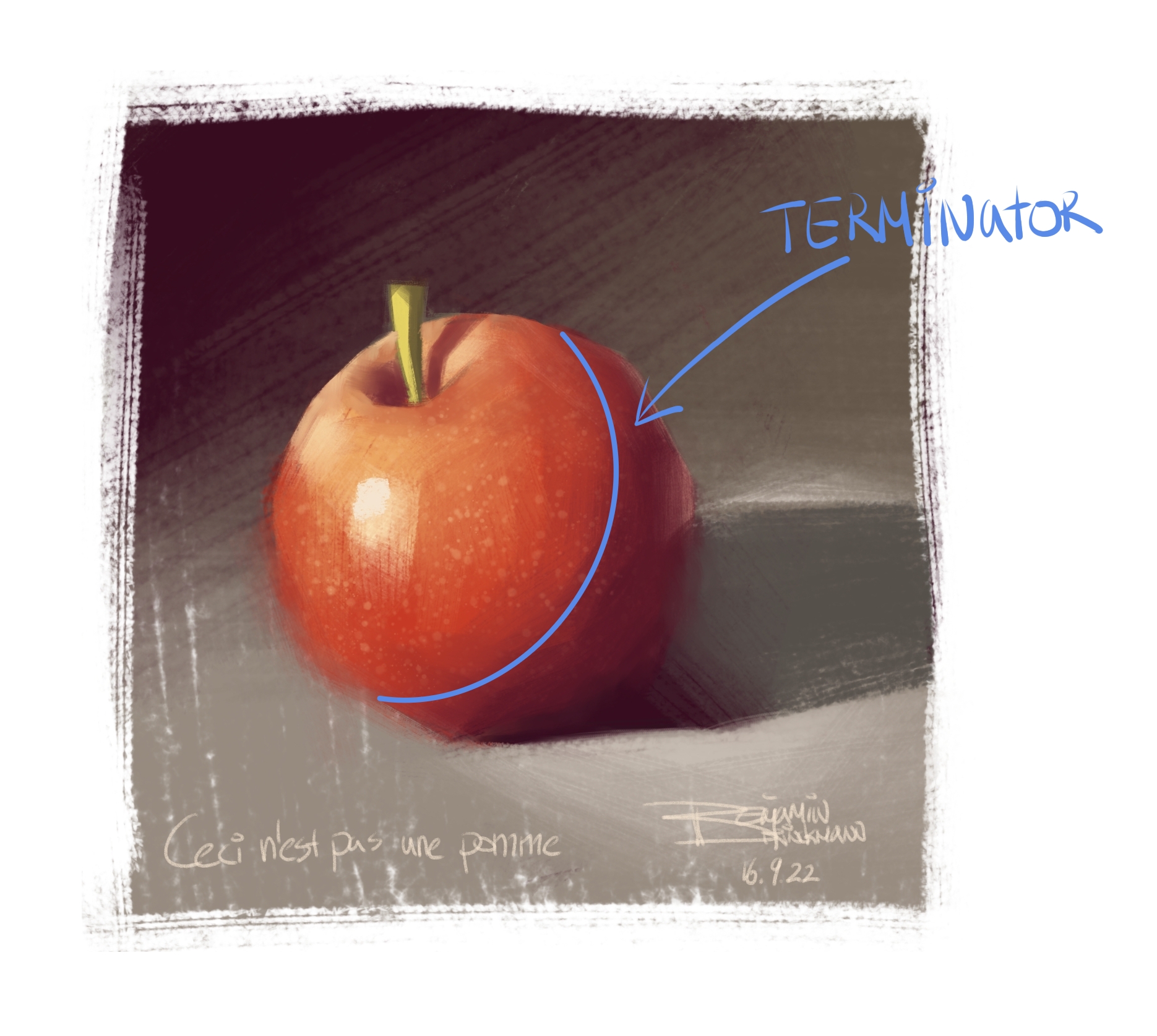 An apple study of mine with a soft gradient, a terminator line is drawn on the transition between light and dark