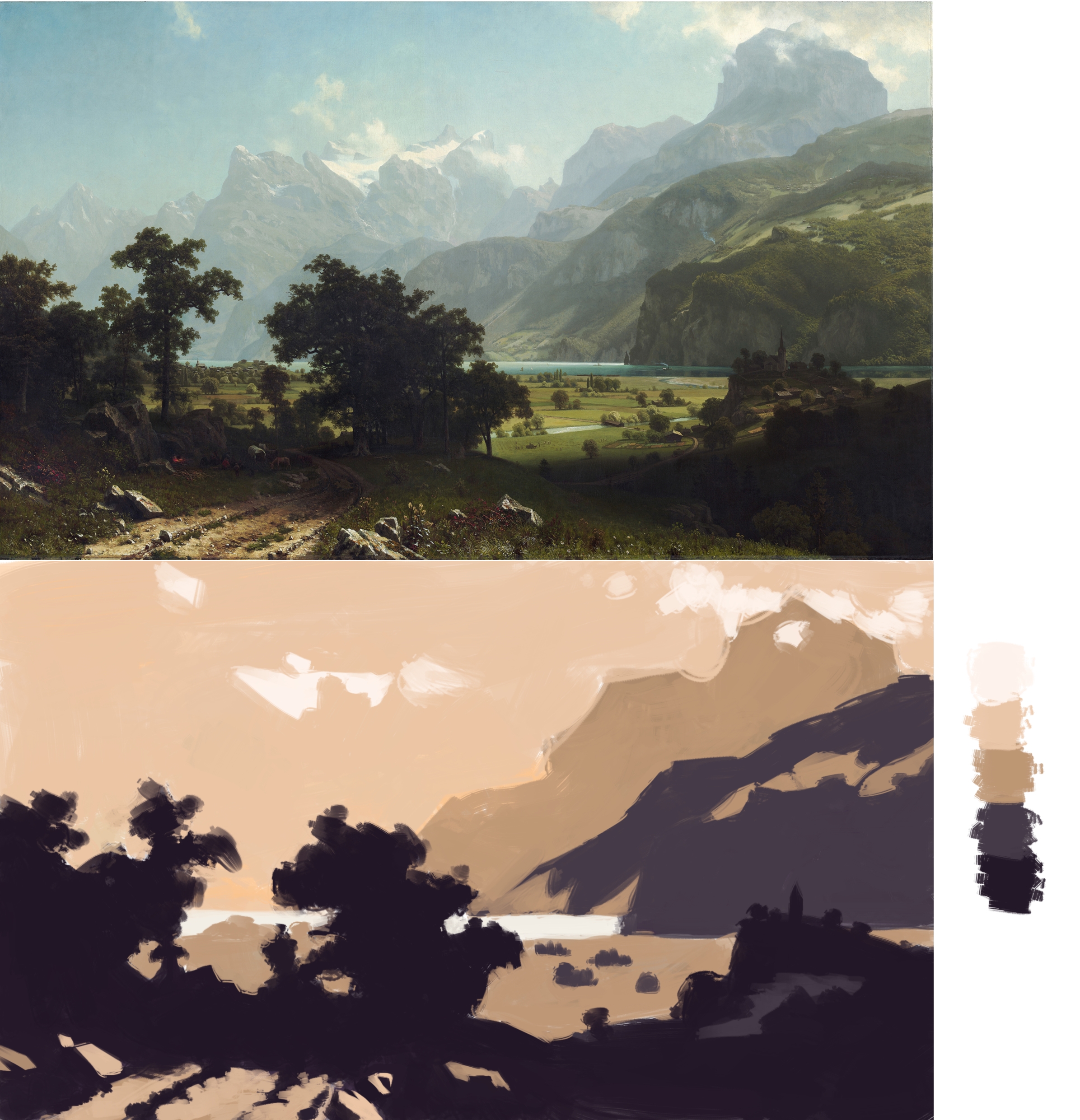 an oil painting of a mountain landscape, with a notan study underneath