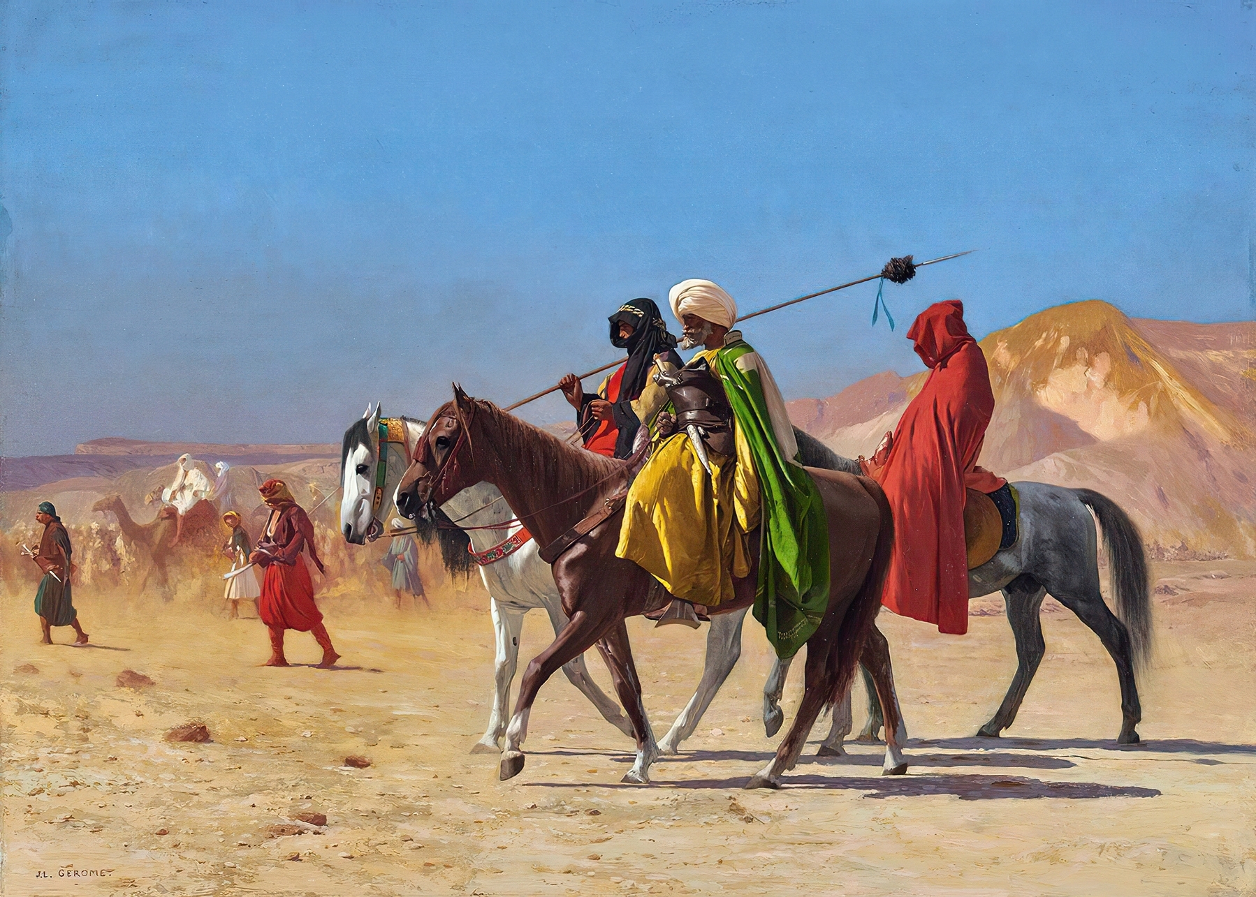 an oil painting of colorful tribal warriors crossing the desert on horses and camels