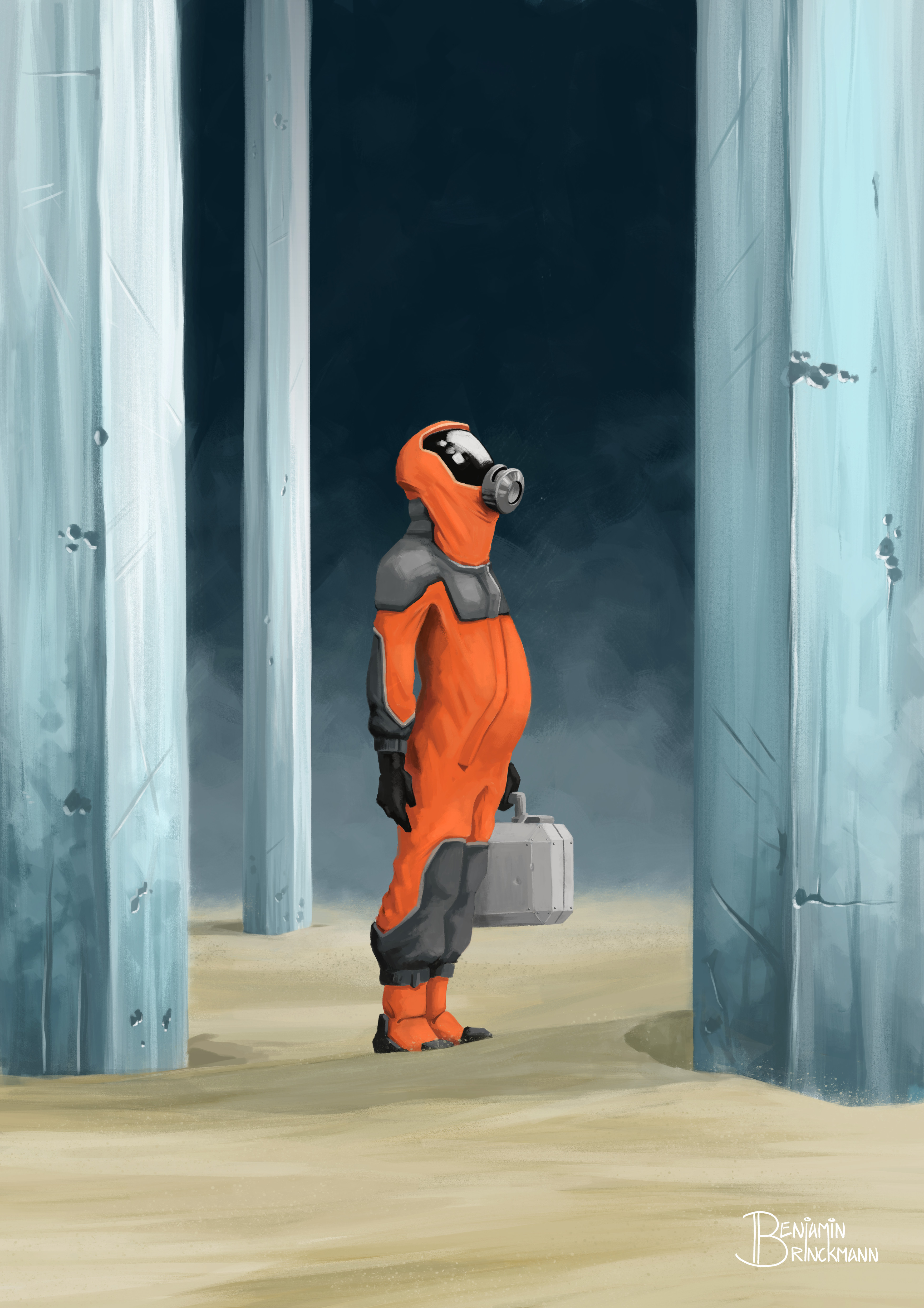 digital painting of a figure in an orange hazmat suit standing in a desolate landscape with huge crystallike pillars