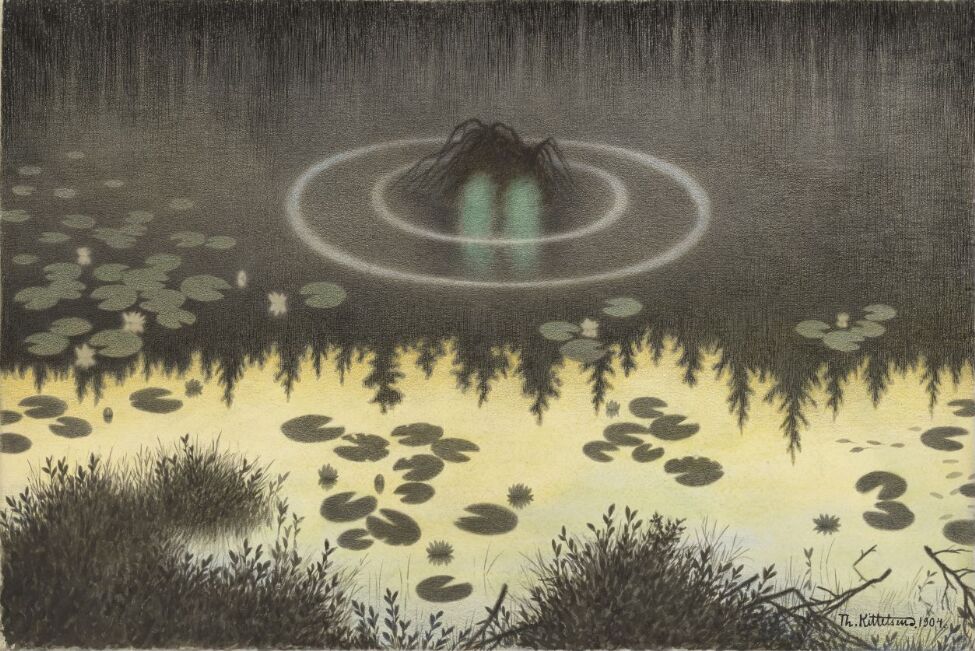 a painting of a dark forest reflected in a lake with a yellow sunset sky. Out of the water rises a water sprite with bright blue green eyes.